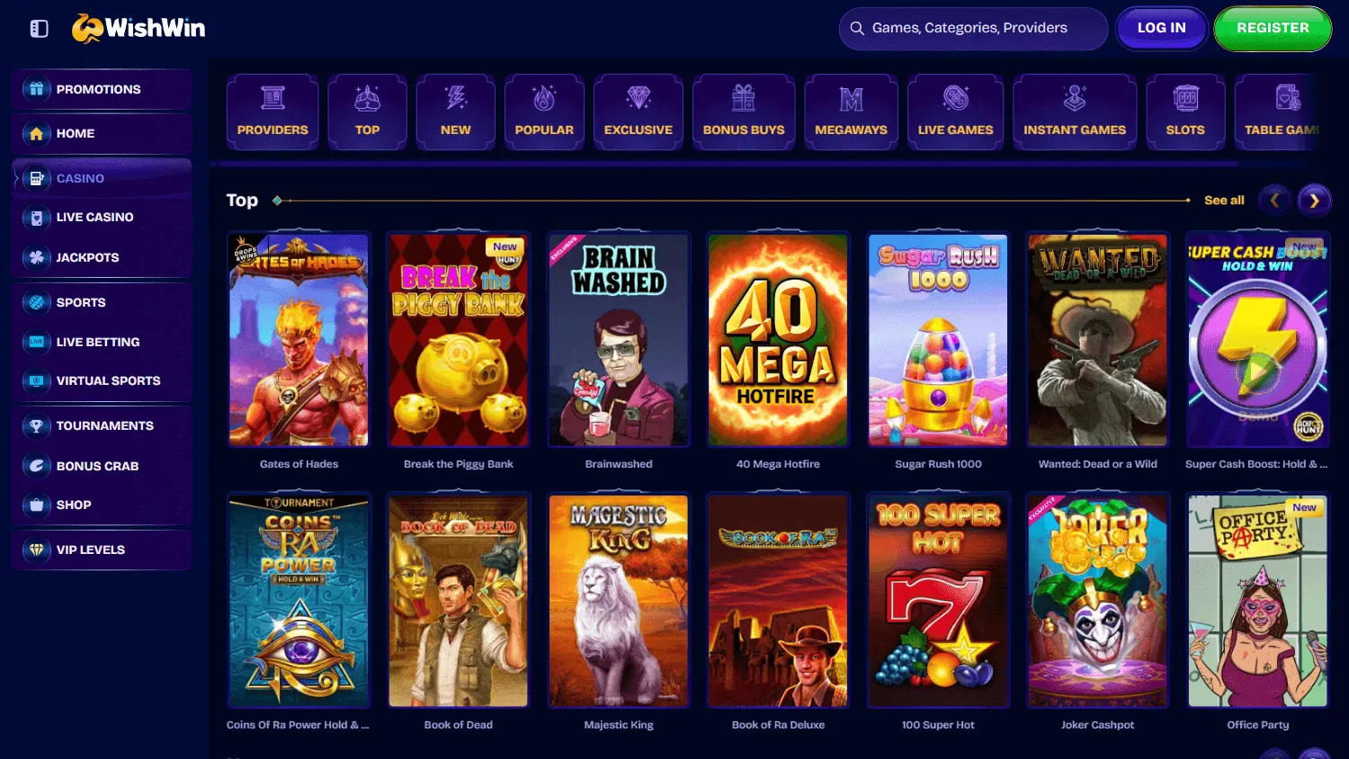 Wishwin Casino desktop games area with casino titles and game categories