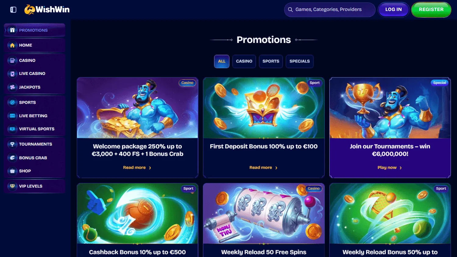 Wishwin Casino desktop promotions area with welcome, cashback and reload offers